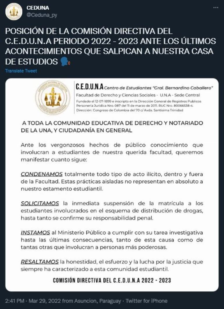 Centro de Estudiantes de la Facultad de Derecho de la UNA toma postura sobre el caso Mercat