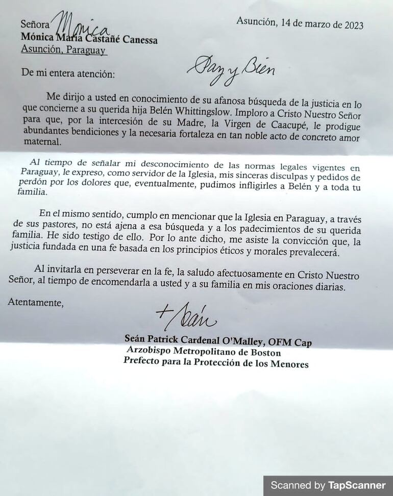 Carta del cardenal  Seán Patrick O’Malley a la madre de Belén Whittingslow. (gentileza).