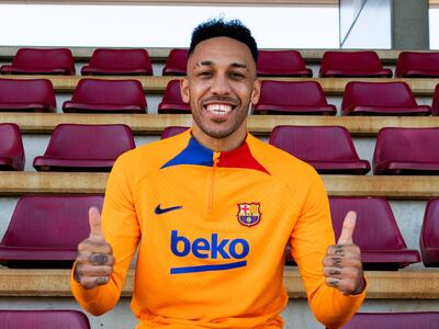 Pierre-Emerick Aubameyang, en la presentación como refuerzo del Barcelona de España.