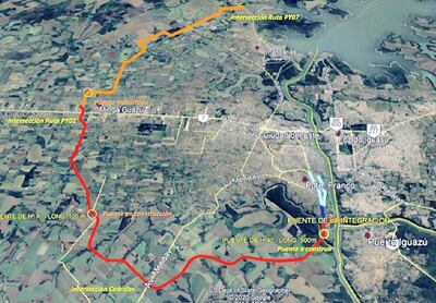 Trazado de lo que será el acceso al segundo puente con Brasil, que prevé la construcción de 30 km de carretera, además de un puente sobre el río Monday.
