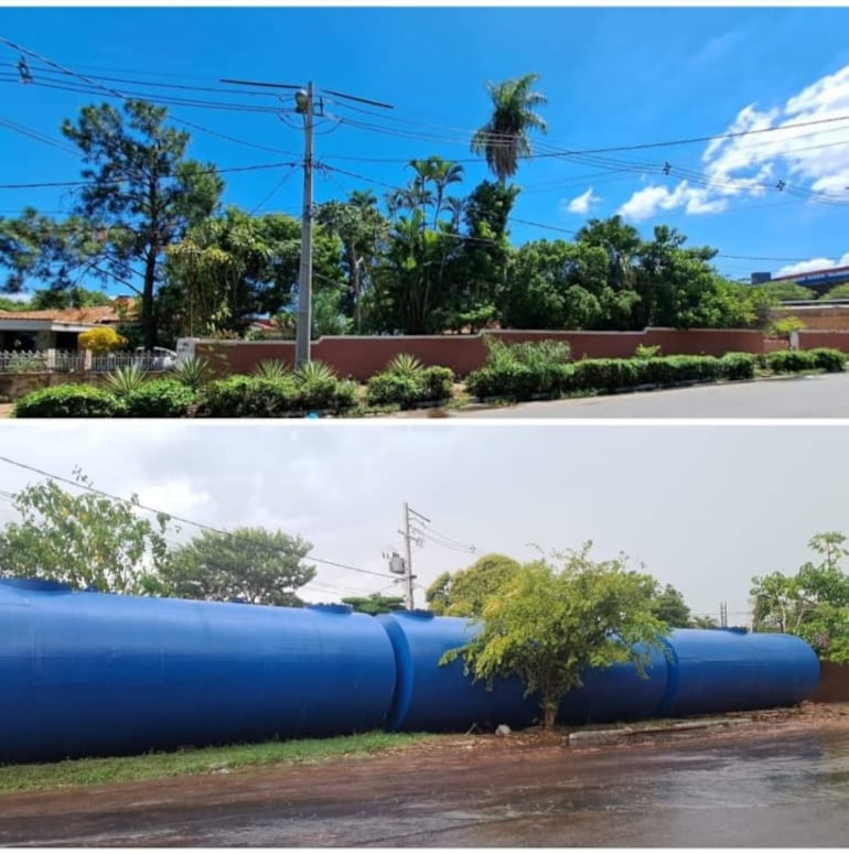 Fotografía enviada por vecinos que muestra los árboles que estaban en el
terreno antes de que se construya la estación de servicios. Abajo, la foto de los tanques de combustibles.