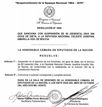 Resolución mediante la cual se suspende por 60 días a la diputada.