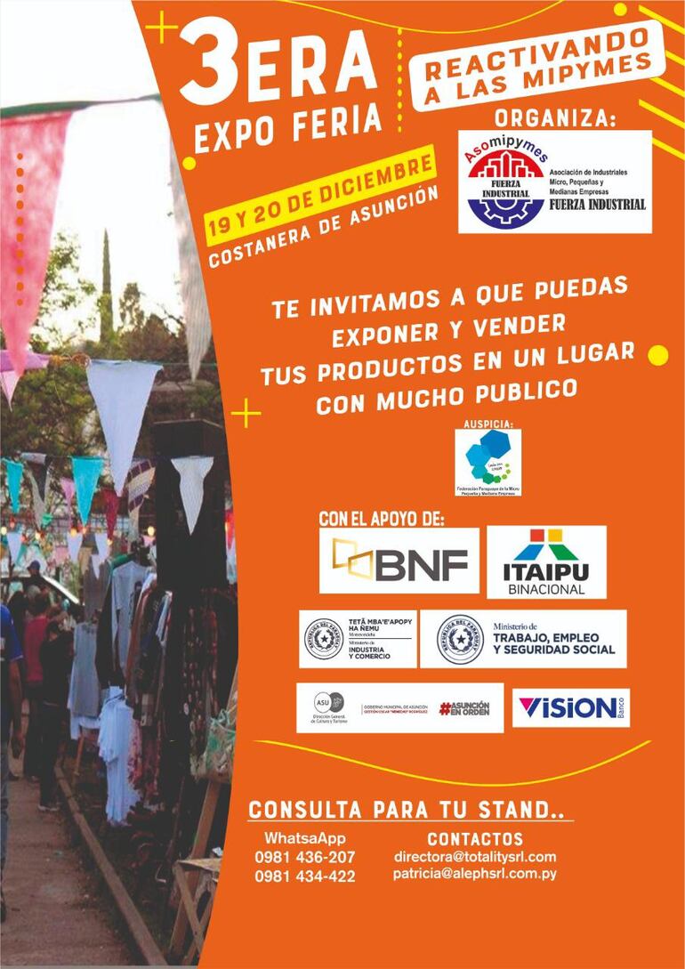 La feria de mipymes a desarrollarse en la Costanera de Asunción cuenta con el apoyo del sector público y privado.