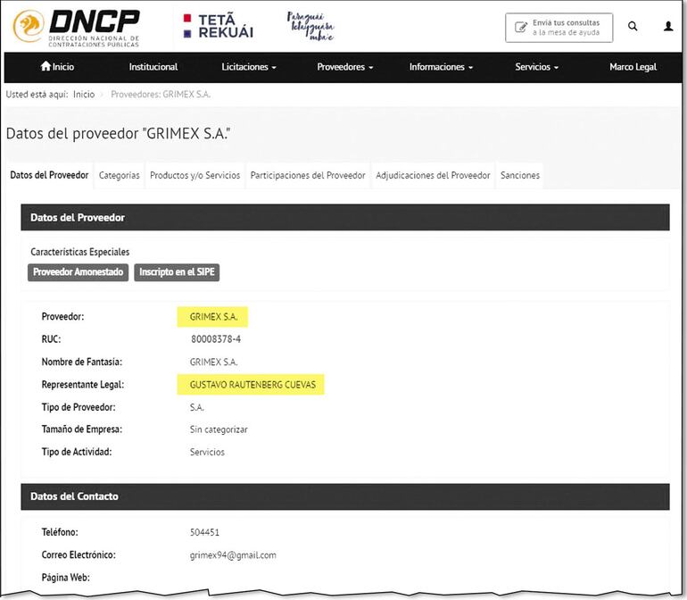 Captura de los datos de Grimex S.A., empresa mimada en 2020, pero fue inhabilitada por la DNCP.