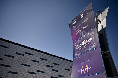 A photograph shows a banner of the Eurovision Song contest 2022 near Palalpitour, the venue of the contest, in Turin on May 2, 2022. - The contest will take place on May 10, 12 and 14, 2022. (Photo by MARCO BERTORELLO / AFP)
