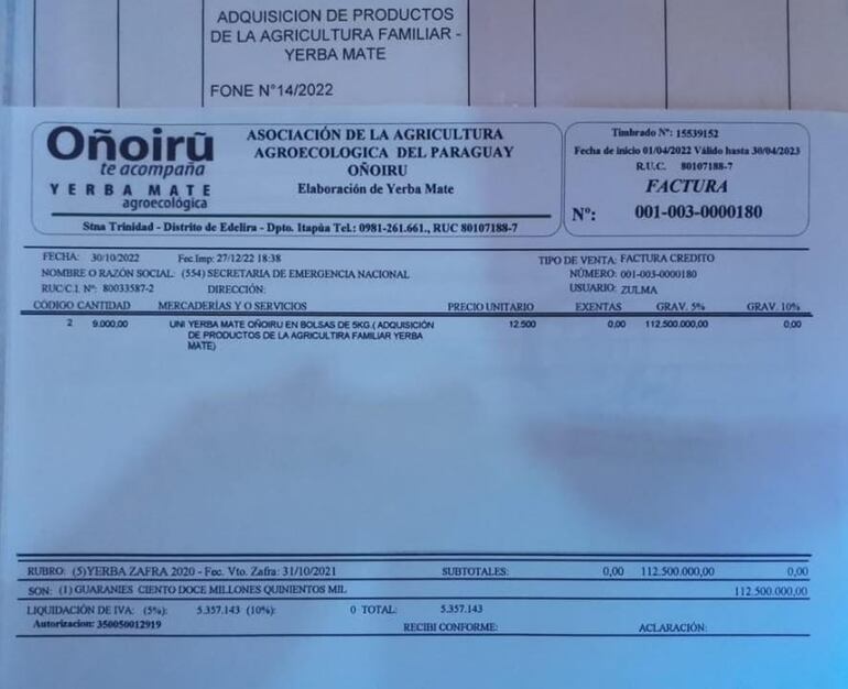 Factura a nombre de la SEN por valor de G. 112 millones, por 9.000 kg de yerba mate.