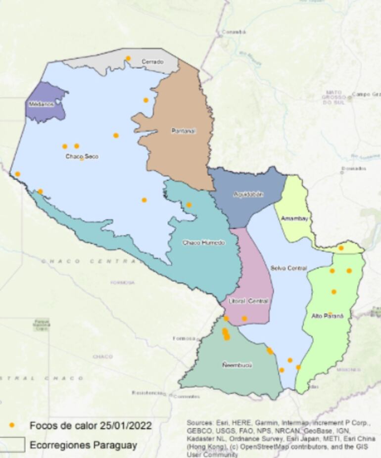 Ubicación de focos de calor a nivel país. (Twitter del MADES).