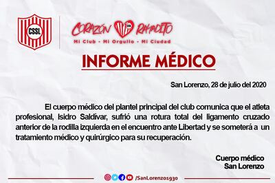 Informe médico del Sportivo San Lorenzo.
