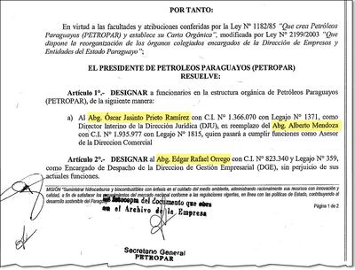 Resolución 002/2021 de Denis Lichi, con fecha del 5 de enero, en la que nombró al nuevo director jurídico, Óscar Jasinto Prieto, y le dio otras funciones al abogado Alberto Mendoza, aunque no explican qué tareas específicas.