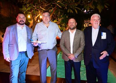 Olavi Linkola, Jerónimo Nasser, Cristian Balbi y Conor McEnroy, en el lanzamiento de la alianza entre Sudameris y Air Europa.