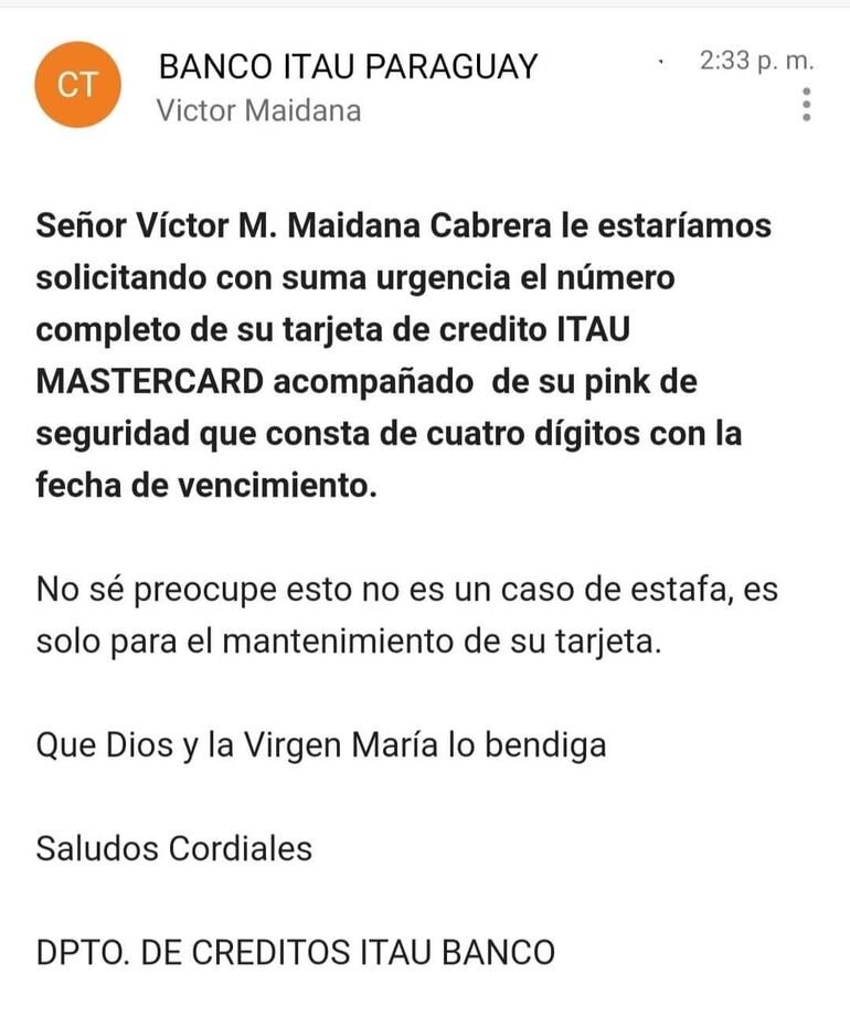 Mensaje que recibieron muchos clientes de Itaú días atrás.