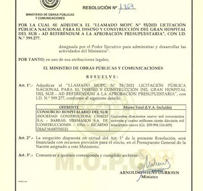 Resolución de adjudicación del Hospital del Sur.