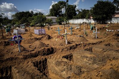 Fotografía de varias tumbas abiertas en el cementerio de Campo da Saudade, el 8 de junio de 2020, en Manacapuru, Amazonas (Brasil). Los vecinos de Manacapuru aún lloran la muerte de uno de los pocos doctores que trabajaba en esta ciudad de la Amazonía brasileña. Falleció de coronavirus. El último mazazo para esta recóndita localidad que cuenta con una de las mayores tasas de mortalidad por COVID-19 de todo Brasil. Manacapuru, en el interior del estado de Amazonas (norte), ha vivido un infierno en el corazón de la selva. La pandemia ha entrado con una virulencia inusitada en este territorio bañado por las aguas del río más caudaloso del planeta.