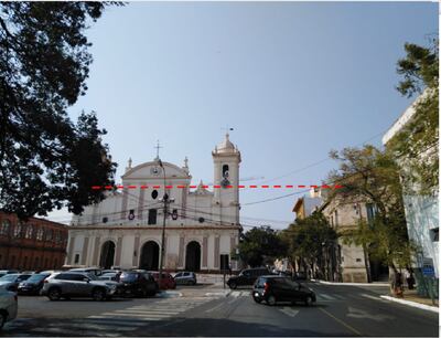 La línea roja en mirada frontal desde la Catedral marca la altura del futuro edificio, según la UCA