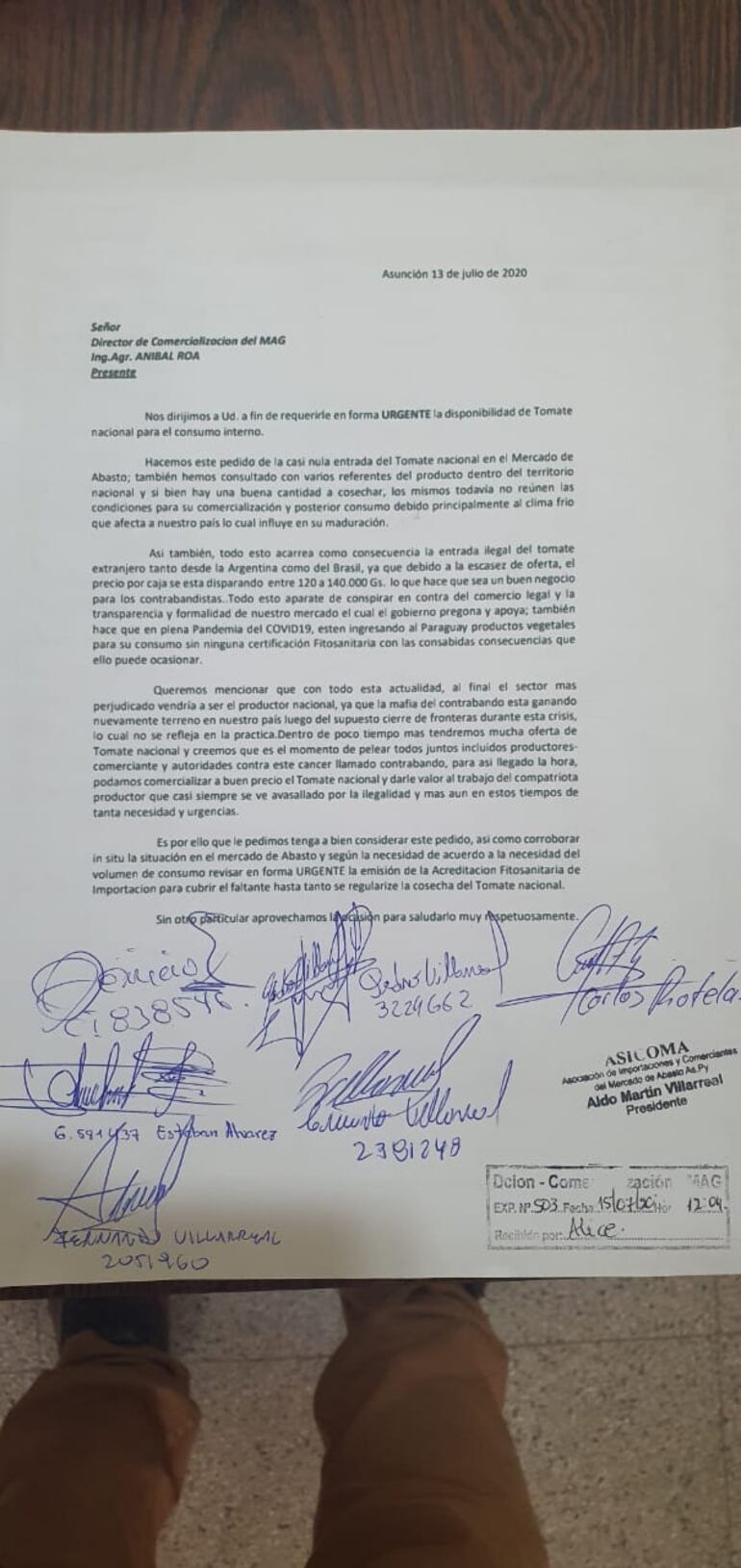 Nota enviada al MAG por los importadores