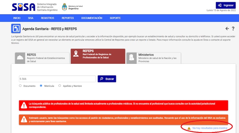 Nadie figura al bucar el supuesto registro sanitario del diputado Bachi Núñez, en el portal público de Argentina.