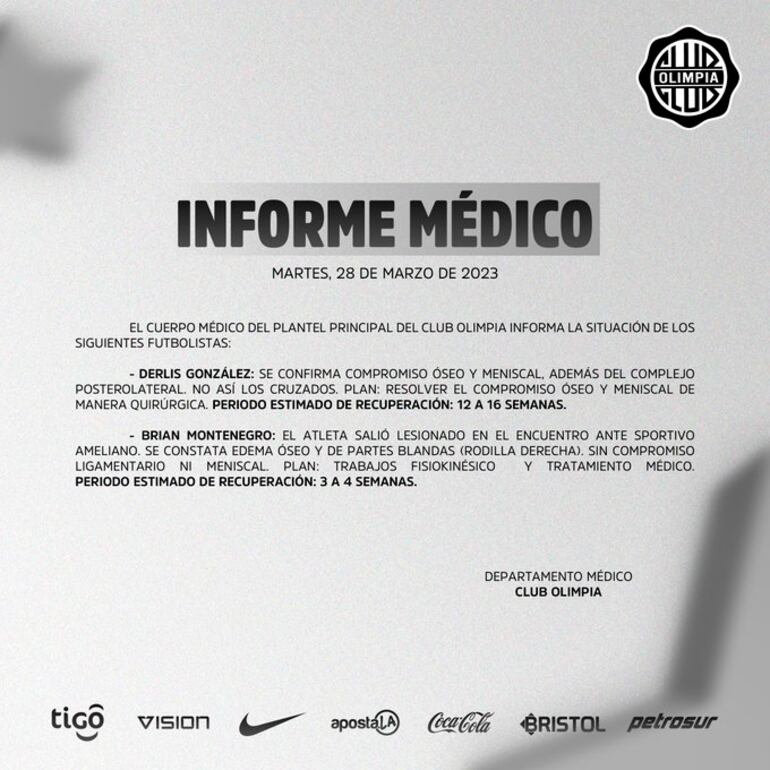 El informe médico de Olimpia sobre las lesiones de Derlis González y Brian Montenegro.