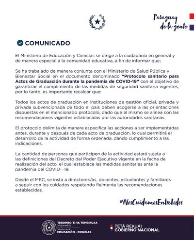 Comunicado del MEC sobre actos de colación de instituciones educativas.