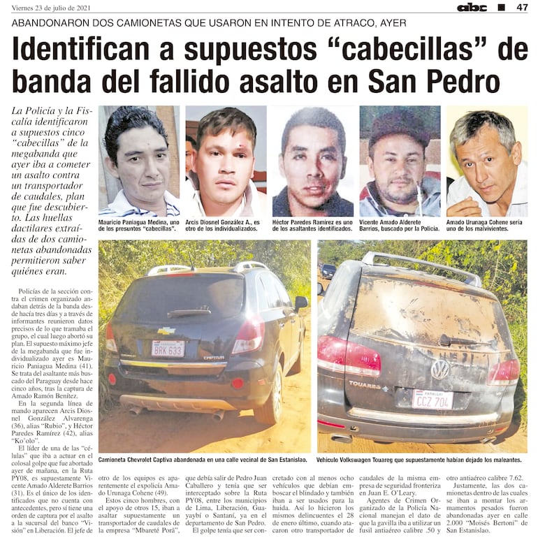 Publicación de ABC Color 23 de julio de 2021, sobre el fallido asalto por el que ahora está preso Antonio Paredes Ramírez.