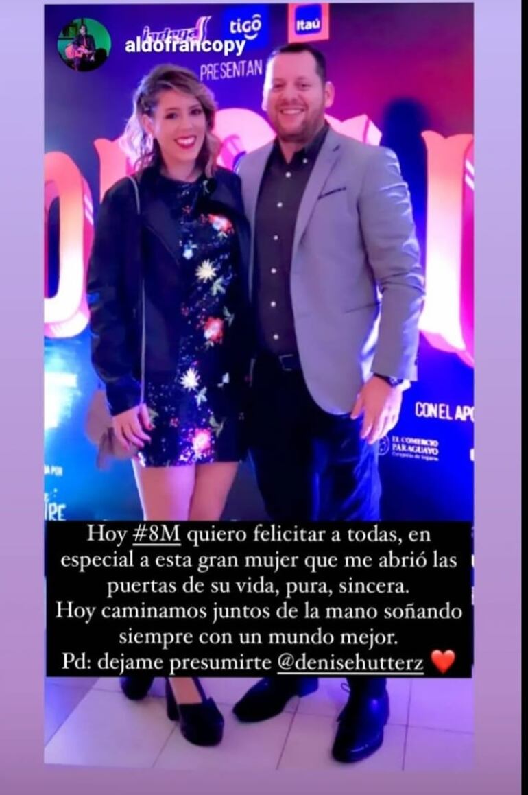 Linda parejita. Junto a la imagen se puede leer el mensaje que Aldo Franco escribió a Denise Hutter. (Captura de la historia de Instagram de Denise Hutter)