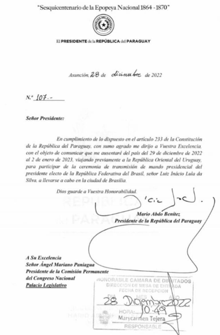 Mario Abdo comunica que se ausentará del país por 4 días.