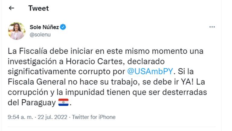 La exministra del gobierno de Horacio Cartes también se unió al repudio.