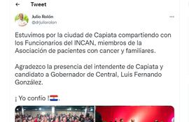 Posteo de Julio Rolón Vicioso, haciendo proselitismo con pacientes de cáncer.