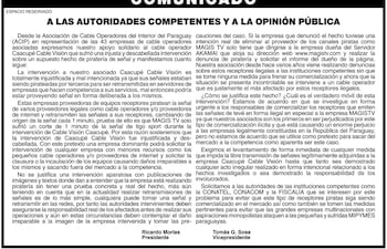 Comunicado de la Asociación de Cable Operadores.