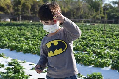 Nicolás de tan solo  4 años, emocionado y sorprendido a la vez recorrió la finca de frutillas "Tía Raquel"