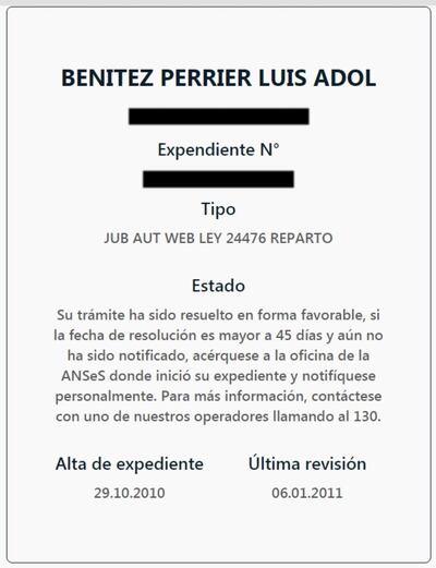 Registro de ANSES que difundió el canal argentino TN para mostrar que Luis Adolfo Benítez Perrier aparece como jubilado.