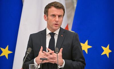 Emmanuel Macron, presidente de Francia durante la conferencia de prensa con el presidente de Rusia, Vladimir Putin.