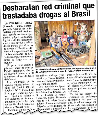 Publicación de nuestro diario sobre el operativo que derivó en la detención de ocho personas, integrantes de la banda narco.