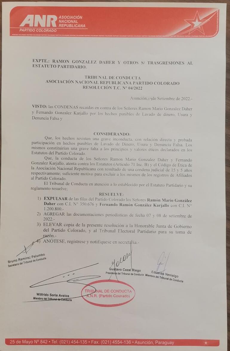Tribunal de Conducta de la ANR expulsó de sus filas a Ramón González Daher y a su hijo Fernando González Karjallo. (Fuente Twitter ANR)