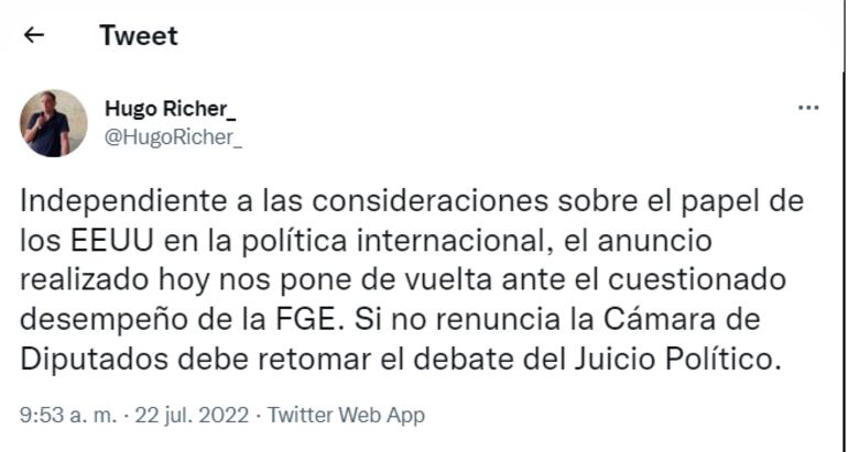 Aunque no está totalmente de acuerdo con el papel de los Estados Unidos, Hugo Richer sí coincidió con el cuestionado desempeño de la Fiscalía General.
