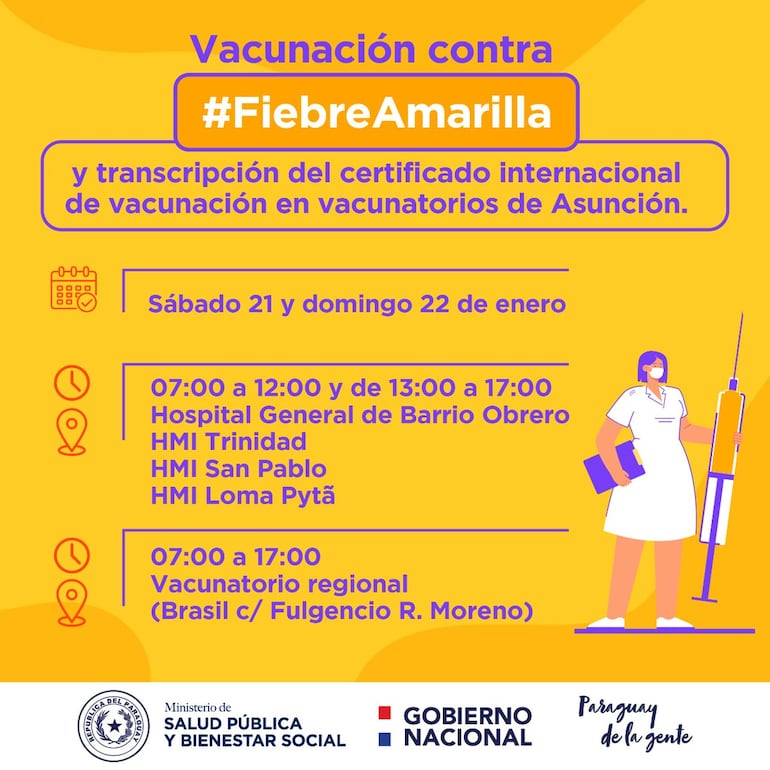 Vacunatorios disponibles en Asunción con dosis contra la fiebre amarilla.