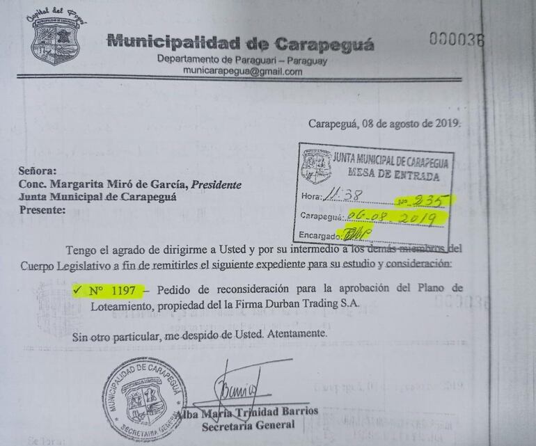 La nota que no ingresó a la Junta Municipal y que los ex concejales denunciaron ante la Fiscalía.