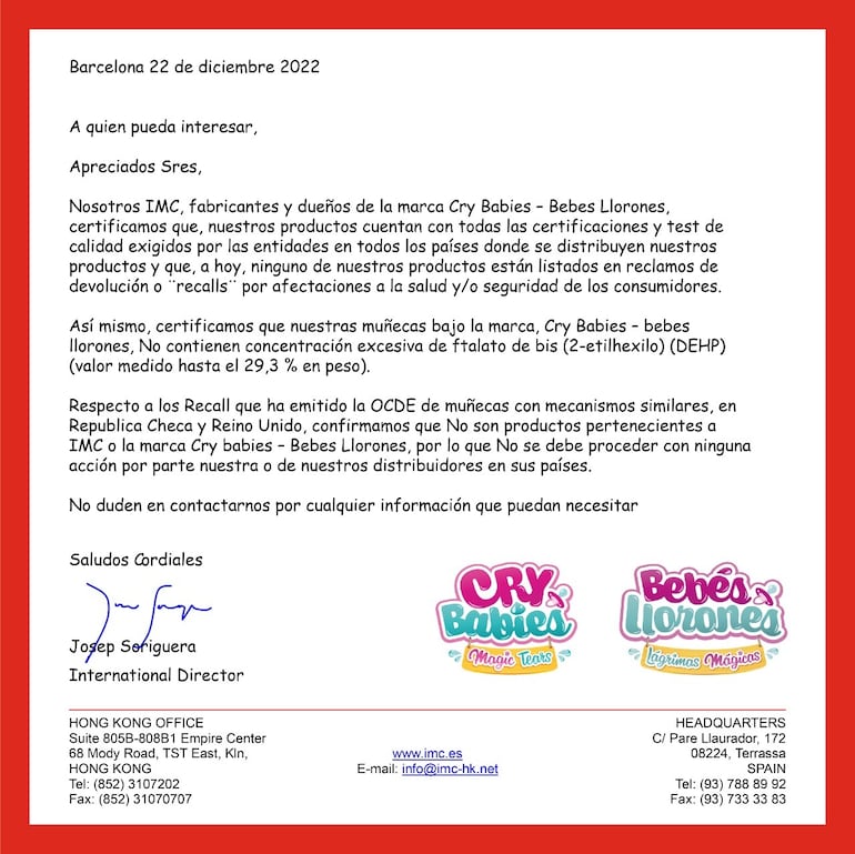 Empresas emitieron comunicado ante la aparición de productos falsificados "Cry Babys" con alta concentración de sustancias tóxicas.