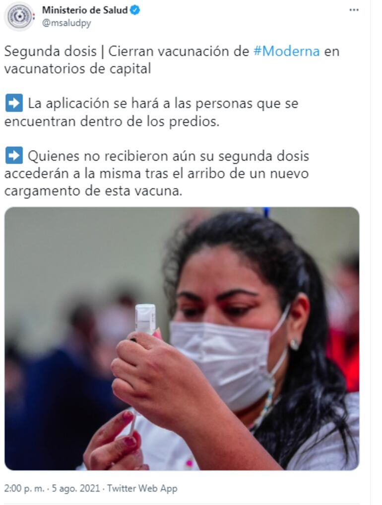 Mensaje vía Twitter del Ministerio de Salud sobre las vacunas Moderna.