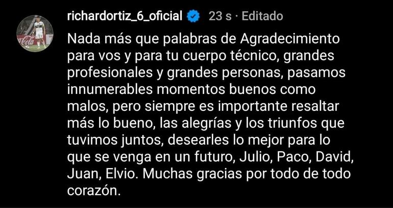 El mensaje de Richard Ortiz a Julio César Cáceres, quien fue destituido del cargo como entrenador de Olimpia.
