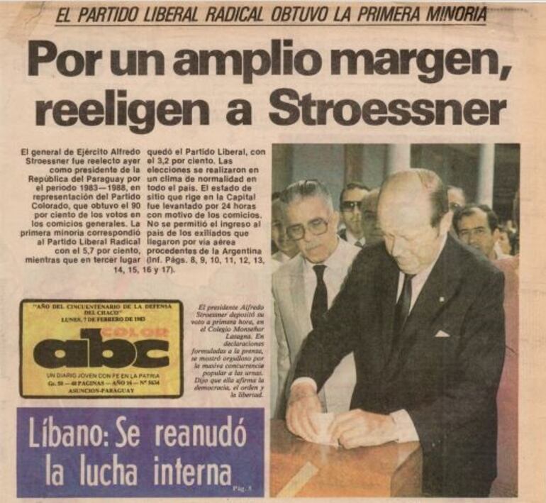 Tapa del diario ABC Color del 07 de febrero de 1983 en el que se anuncia la reelección del Stroessner como presidente de la República del Paraguay