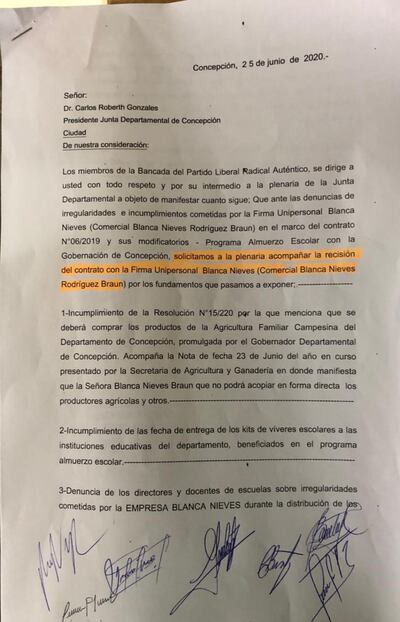 Nota enviada por la bancada del PLRA al presidente de la Junta Departamental de Concepción sobre el contrato.