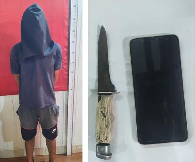 A la izquierda, el delincuente detenido e identificado como Rodrigo Ramón Martínez Alonzo. A la derecha, el puñal incautado de su poder y el celular de la víctima, que pudo ser recuperado.