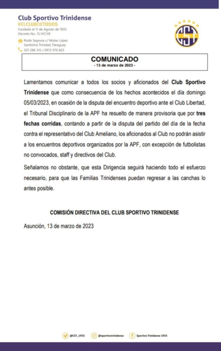El comunicado de Sportivo Trinidense.