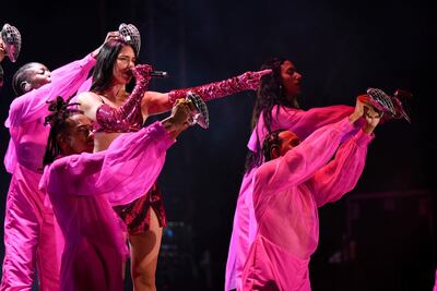 Dua Lipa performs on stage during the "Sunny Hill Festival"