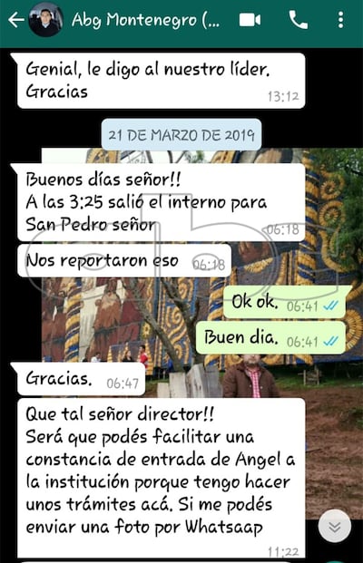 El abogado reporta situación de Ángel Tranquilino Giménez al director del Penal donde debía ir.