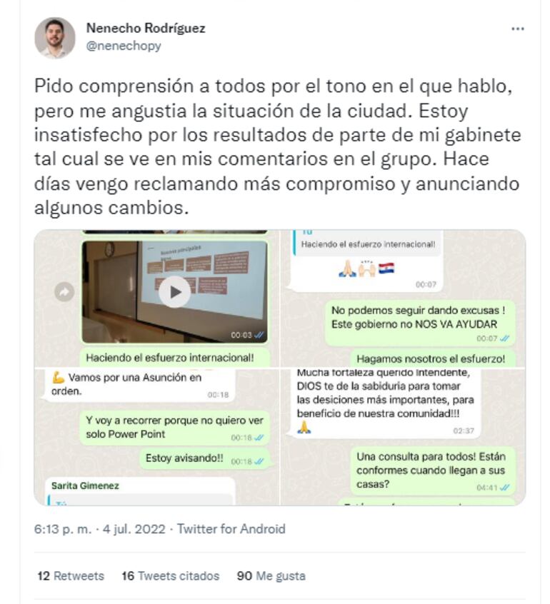 El descargo de Óscar "Nenecho" Rodríguez en el grupo de WhatsApp con su Gabinete.