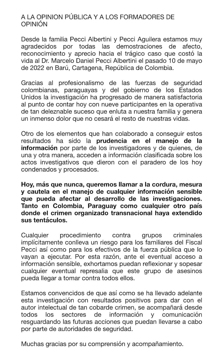 Comunicado de la familia Pecci dado a conocer este miércoles.