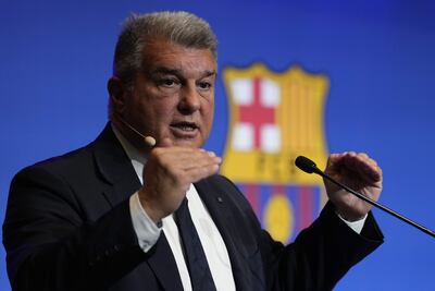 El presidente del Barcelona, Joan Laporta, durante la rueda de prensa que ha ofrecido para valorar la actualidad del club azulgrana. EFE/Alejandro García
