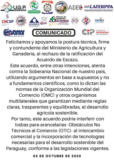 Comunicado de los gremios empresariales apoyando el rechazo del Acuardo Escazú