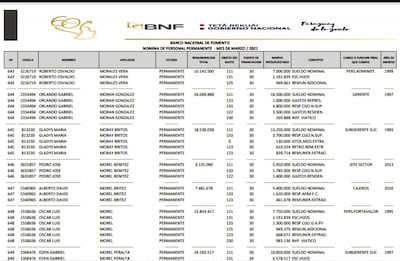 Parte de la nómina de funcionarios del BNF donde se pueden observar los rubros abonados en marzo.